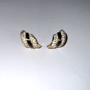 Vintage EVC Christian Dior Rhinestone Black Gold Pierced Half Hoop Earrings